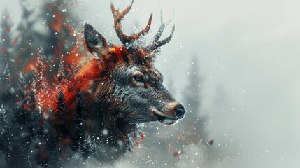 Obraz premium A deer with red antlers is standing in a snowy forest