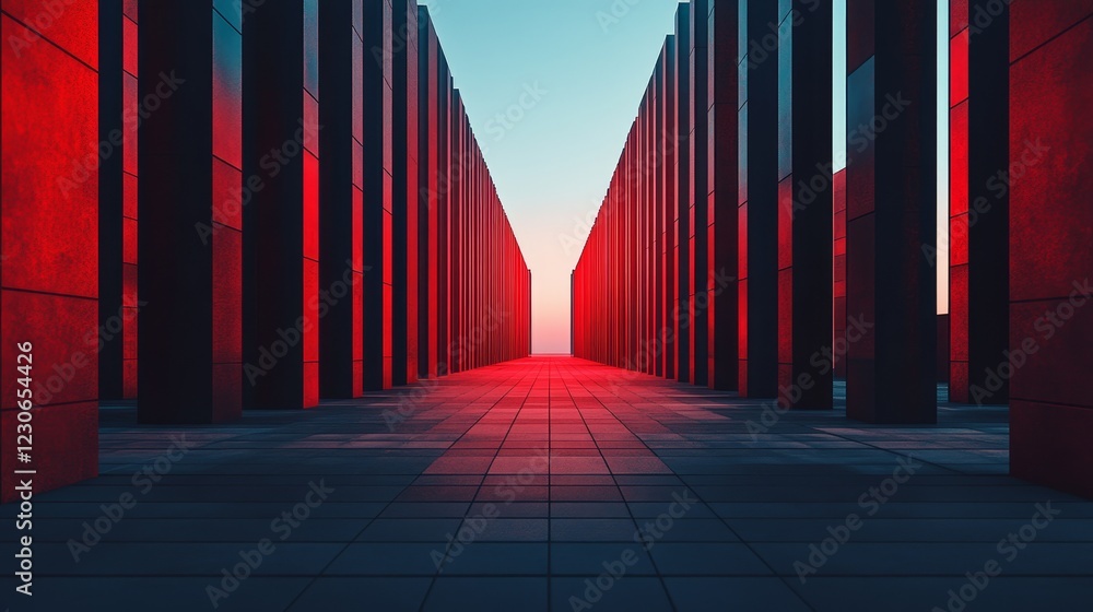 Poster red illuminated pathway between tall structures at dusk