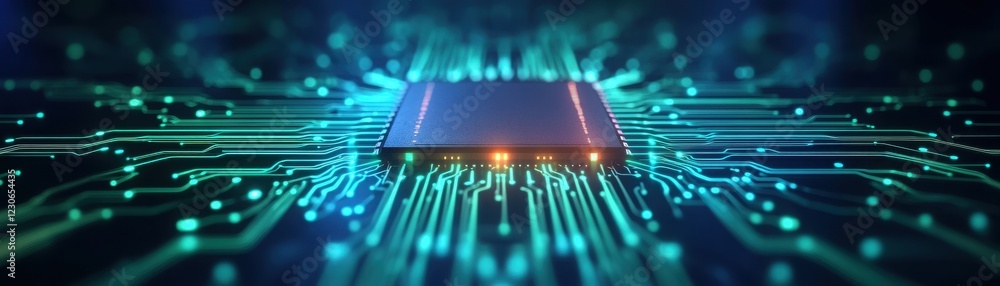 Poster a close-up of a computer chip surrounded by glowing circuitry, representing the future of technology