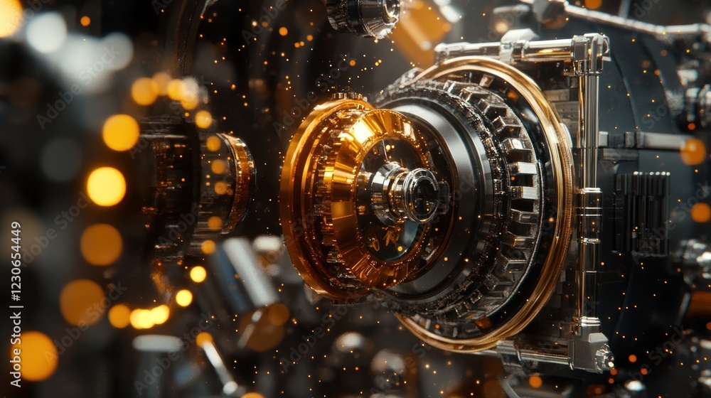 Poster intricate golden and black mechanical gears rotating