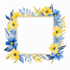 Frame of yellow, blue flowers around greeting card invitation mockup with blank, empty space template isolated on white background