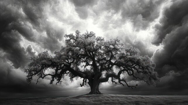 Stormy Sky Over Ancient Oak Tree