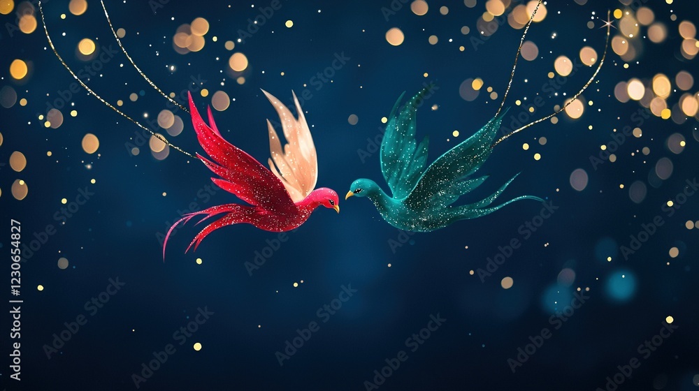 Poster two vibrant birds soaring together against a deep navy backdrop with hazy light elements surrounding