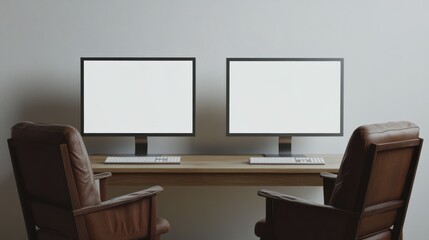 Blank white computer monitors on light wooden table with keyboard and brown leather chair near. 3D rendering, mockup