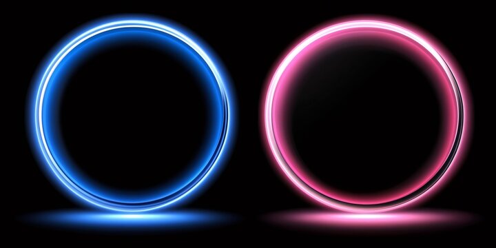 Vibrant blue and pink neon circles glimmering against deep black background, radiating electric, contemporary visual energy