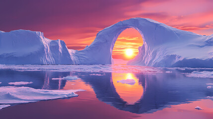 Stunning glacial archway reflecting in pristine arctic waters under a vibrant sun. Arctic Arch. Illustration