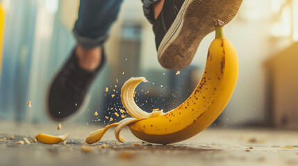 Person slipping on banana peel in dramatic motion