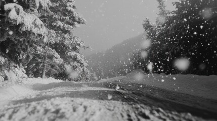 Snowy mountain road, winter snowfall, scenic view, travel