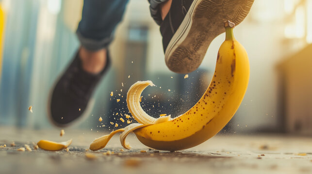 Person slipping on banana peel in dramatic motion