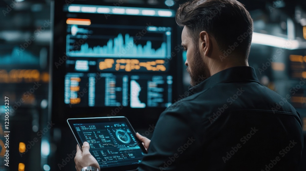 Poster man reviews financial data on tablet and large screens