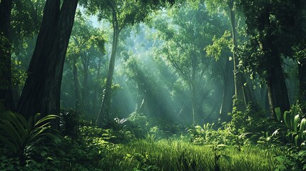 Obraz premium Green lush forest with tall trees