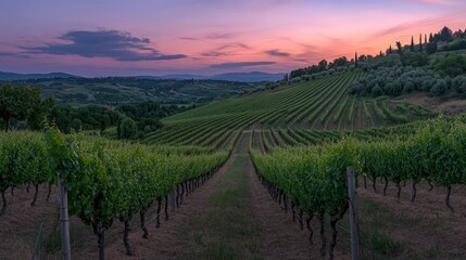 Fototapeta premium Breathtaking views of the beautiful evening landscapes of the Tuscany region, vineyards and rolling hills