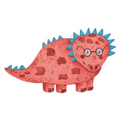 Cute pink dino in the glasses,isolated sticker, dino clipart, dinosaur print, single element on the white background, digital watercolor, kids print, boy design