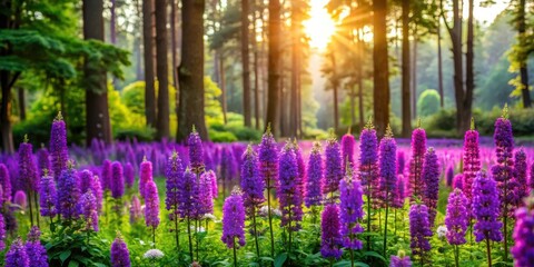 Vibrant purple flowers bloom in a lush green garden amidst tall trees and a serene atmosphere, trees, green,  trees