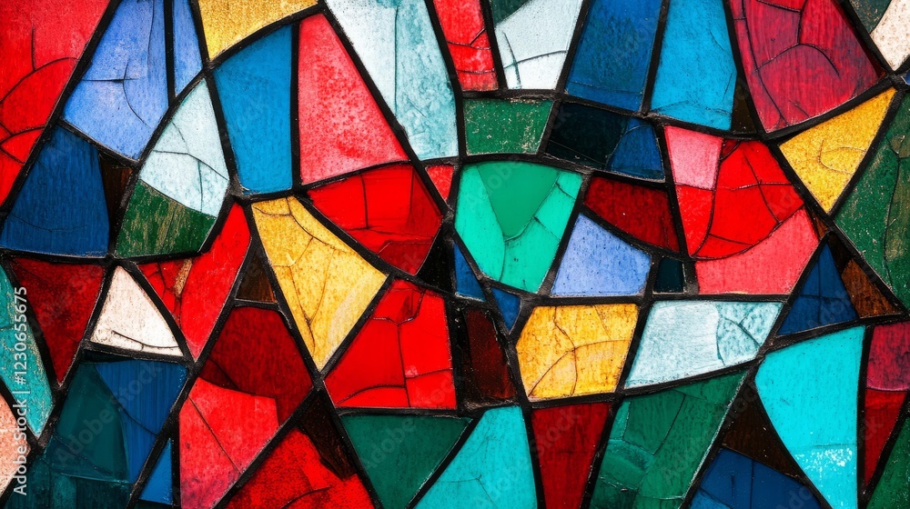 Poster close-up of a stained glass window showcasing vivid colors and geometric shapes, creating a striking