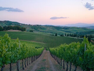 Fototapeta premium Breathtaking views of the beautiful evening landscapes of the Tuscany region, vineyards and rolling hills