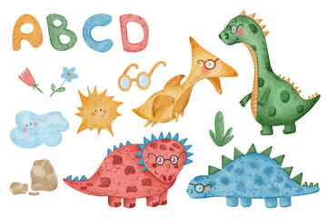 Collection of cute dinos in the glasses, sun, cloud, stones, flowers, glasses, english letters. Set of kids cliparts, dinosaurs  stickers pack, digital watercolor illustration.