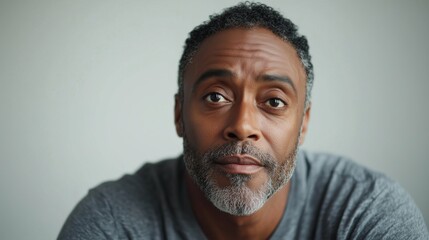 Astonished middle-aged Black male, light gray backdrop