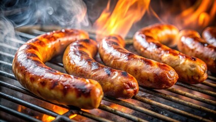 Fototapeta premium Sizzling pork sausages on a hot grill, with a smoky atmosphere and a blurred background , BBQ, smoke, BBQ