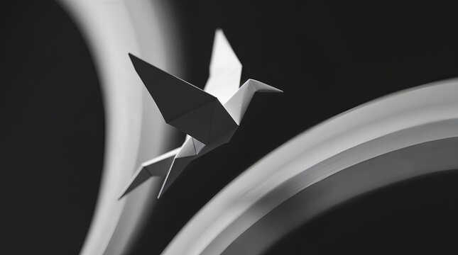 Black and white, blurred background, dynamic action poses, geometrically precise folded paper, origami