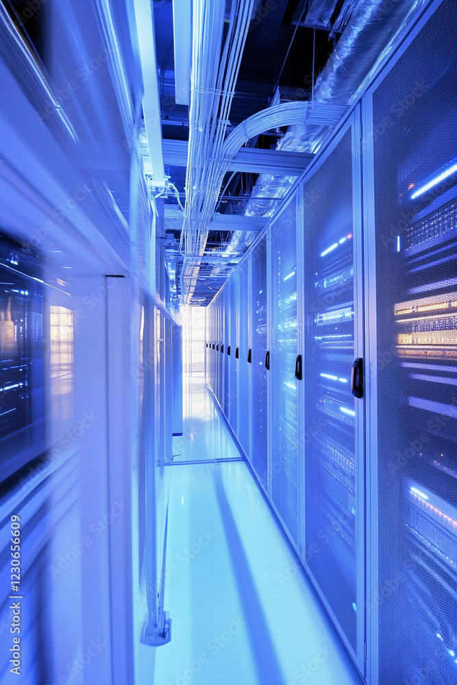 Poster high-tech data center corridor illuminated in blue light