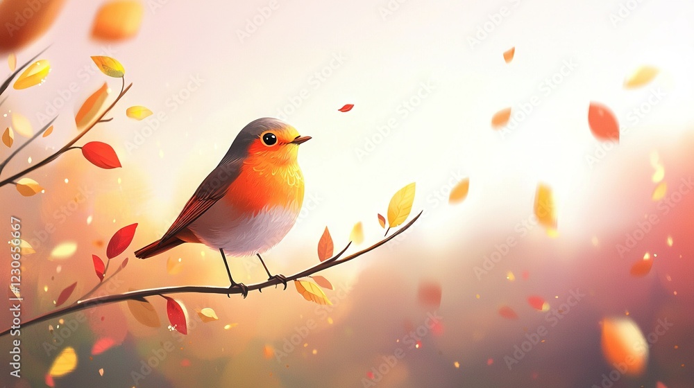 Poster autumn leaves flutter in the wind while a bird perches on the tree