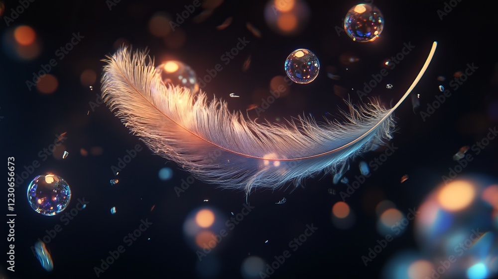 Poster a delicate feather surrounded by shimmering bubbles and glowing light, creating a dreamy and etherea