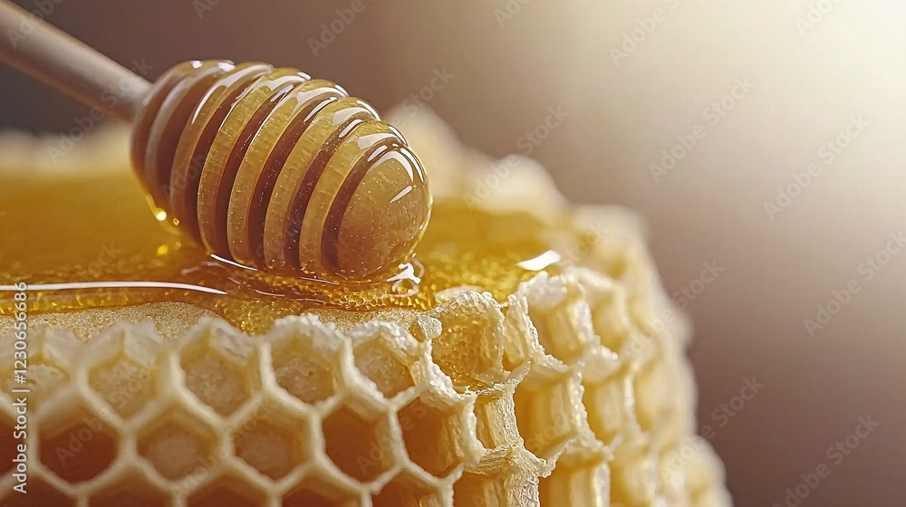 Poster a zoomed-in image of a honeycomb with a wooden honey dipper positioned inside it