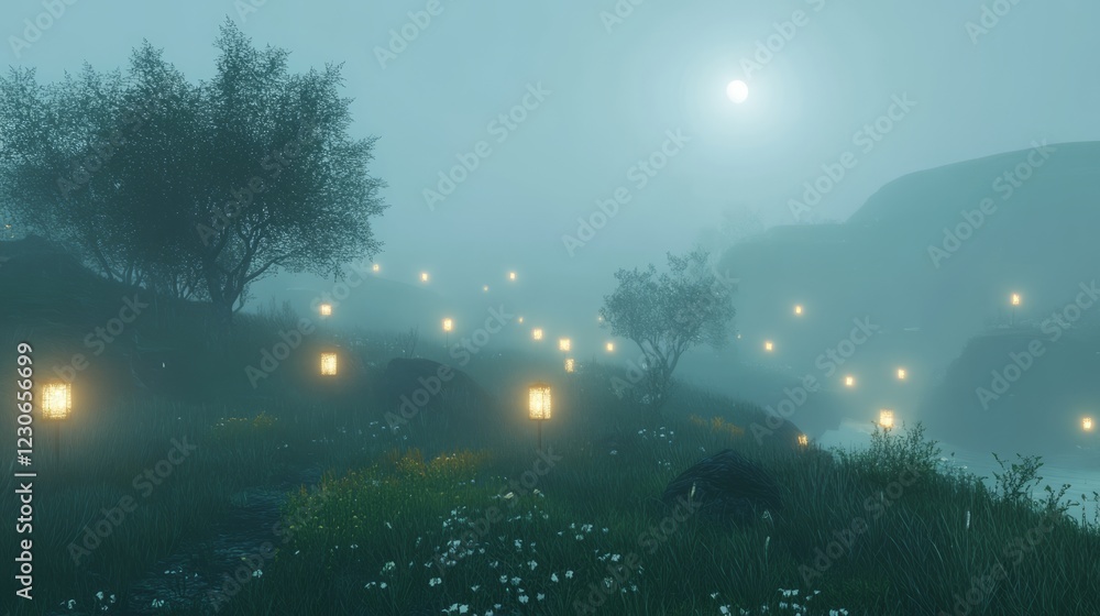 Poster a tranquil scene of glowing lanterns in a misty landscape under a moonlit sky, creating a serene and