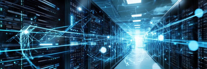 Advanced data center with glowing servers in action
