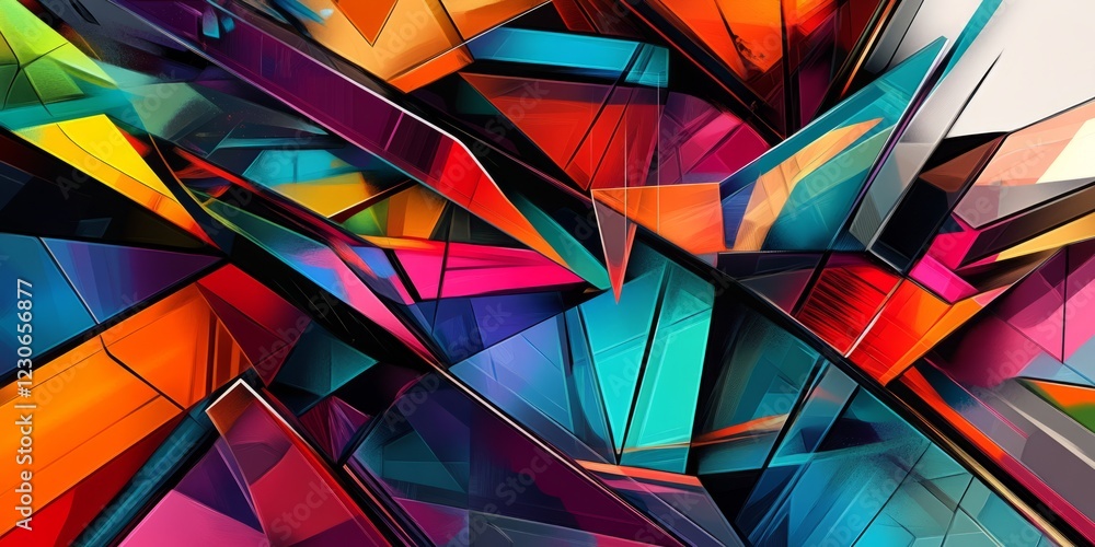 Poster a striking abstract composition featuring vivid geometric shapes and bold colors, creating a dynamic