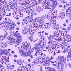 Hand drawn floral paisley seamless vector pattern. Batik style fabric