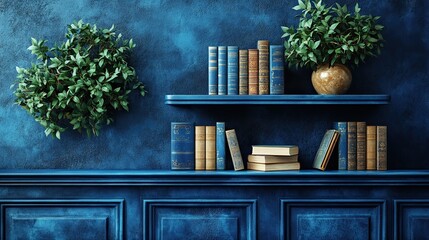 Blue wall with shelves, books, and plants.