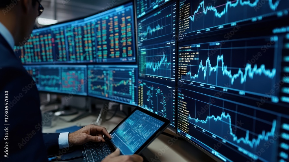 Aufkleber A Trader Monitors Financial Data On Multiple Screens