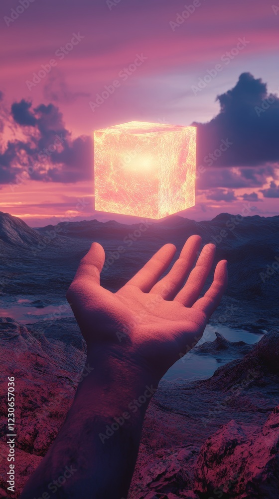 Poster a hand is holding a cube in the air. the cube is glowing and surrounded by a bright light. the scene