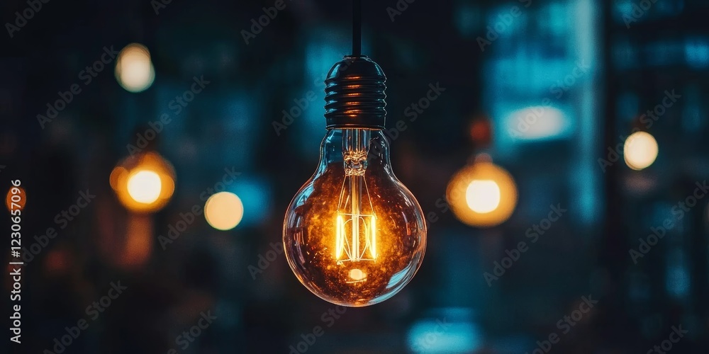 Poster a single light bulb is glowing brightly in a dimly lit room. the light bulb is the only source of il