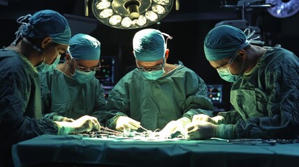 Obraz premium Surgeons Collaborating in Operating Room Performing Complex Surgery