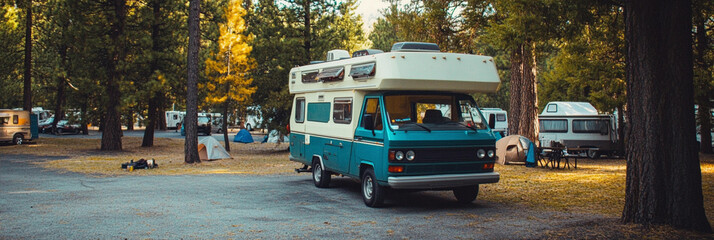 Obraz premium Vintage camper parked in a forest campground during autumn