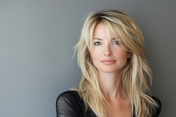 Fototapeta premium Portrait of a confident blonde woman in her 40s, with soft natural lighting and an elegant hairstyle, highlighting grace, sophistication, and mature beauty