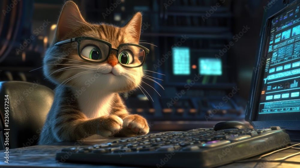 Poster adorable cat wearing glasses uses computer keyboard