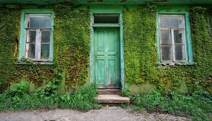 aged abandoned house green wall front door and windows have aged green vegetation on the site with an old house generated by artificial intelligence