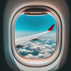 Naklejka premium Airplane wing above fluffy clouds and bright blue sky during flight experience at high altitude. Generative AI
