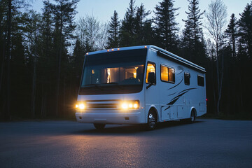 Fototapeta premium RV parked quietly in nature at dusk with soft lighting