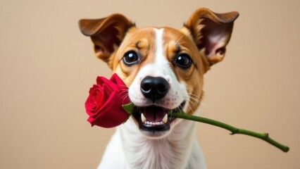 Jack Russell Terrier dog holding a rose in his teeth on a plain background
