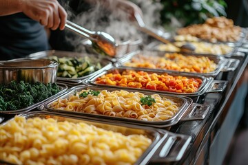 Chef serving pasta from buffet trays with various dishes in restaurant or hotel