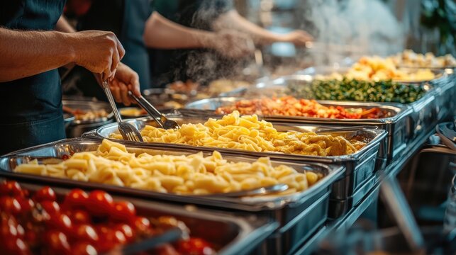 Chefs preparing steaming hot food in chafing dishes for buffet style dinner