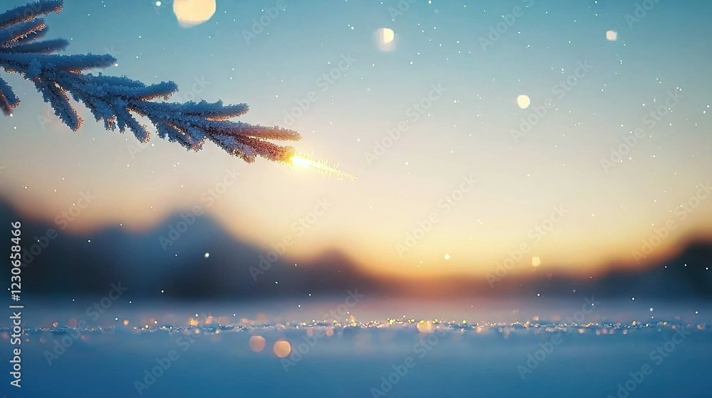 Poster a clearer image of a pine tree branch in the snow, with a fuzzy backdrop of the sun far away