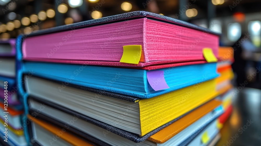 Poster colorful stack of books with sticky notes