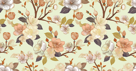 A seamless design featuring soft-hued blossoms and delicate branches on a light background, ideal for various decorative and artistic applications.