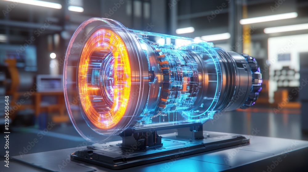 Poster Futuristic Engine Design Hologram Displayed In Factory